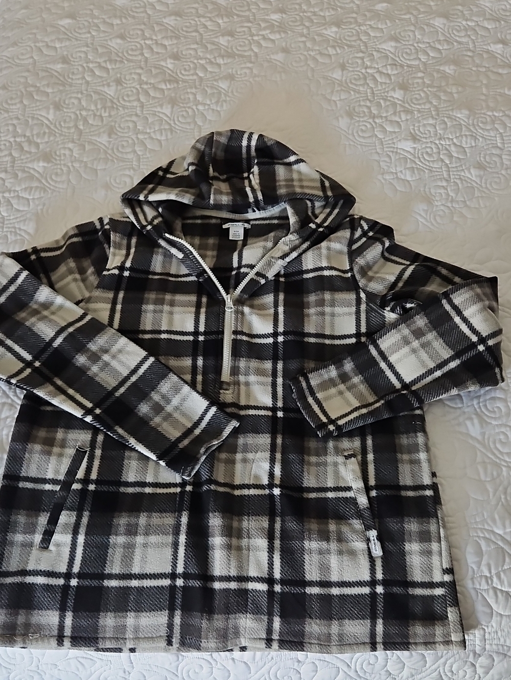 O'Neill Black & White Plaid Hooded Half-Zip Jacket
